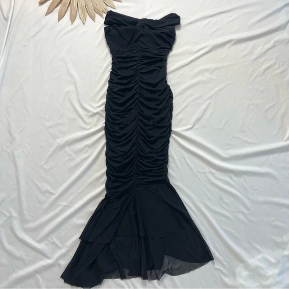 Hello Molly Tanisha Off Shoulder Mesh Black Midi Ruched Mermaid Dress Size Small - Picture 5 of 11